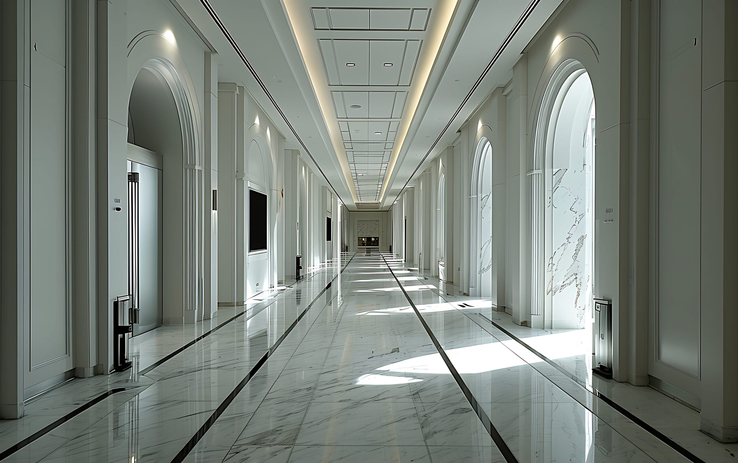architectural-clean-long-hallway-with-doors-both-sides