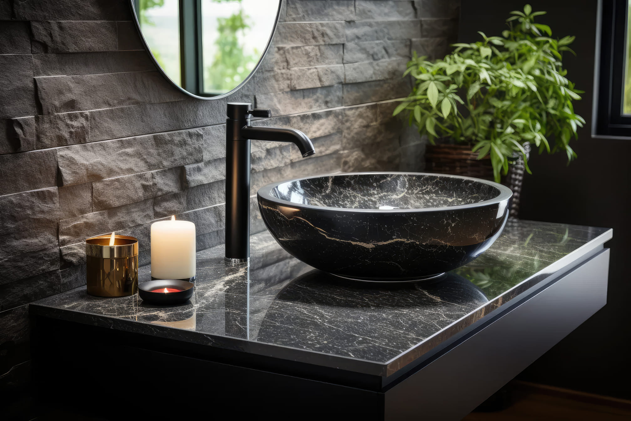 generative-ai-illustration-black-marble-round-vessel-sink-chrome-faucet